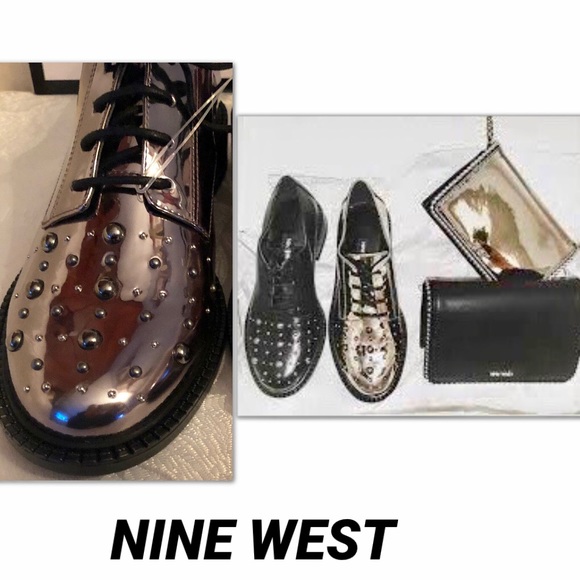 NINE WEST•METALLIC PEWTER SKY STUDDED OXFORDS